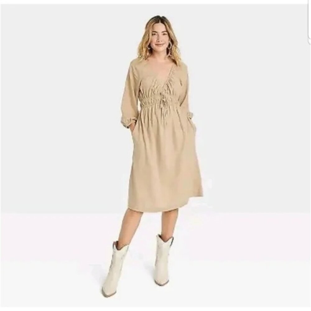 Universal Thread Size M Tan Boho Peasant Linen Blend Dress Milkmaid Cottage